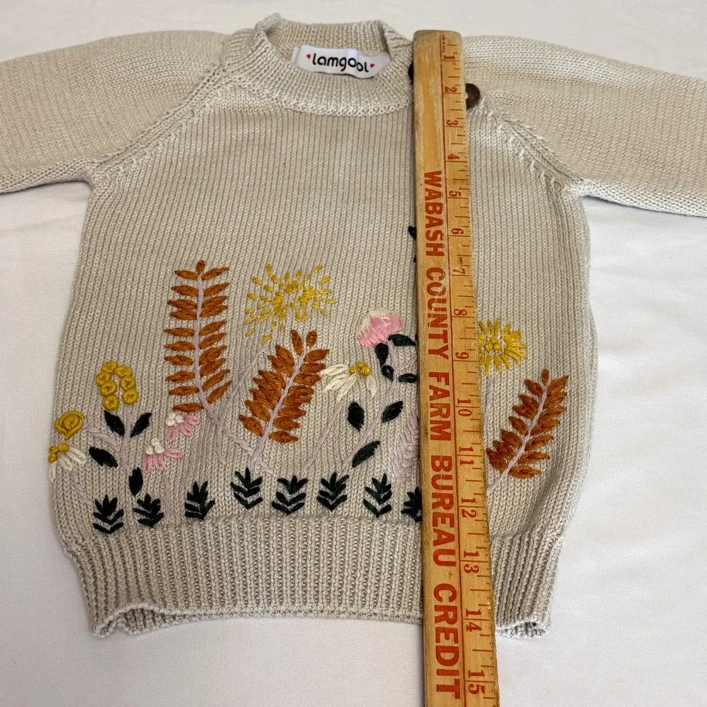 Lamgool Kids Beige Knit Floral‎ Embroidered Sweater Shoulder Buttons Long Sleeve